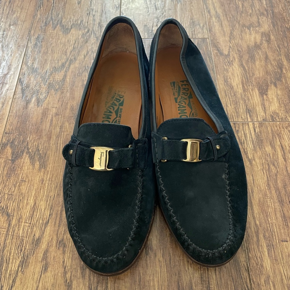 Salvatore Ferragamo Men's Suede Blue Loafers with Gold Buckle